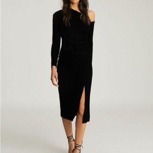 NWT: Reiss Asymmetric Black Velvet Midi Dress
